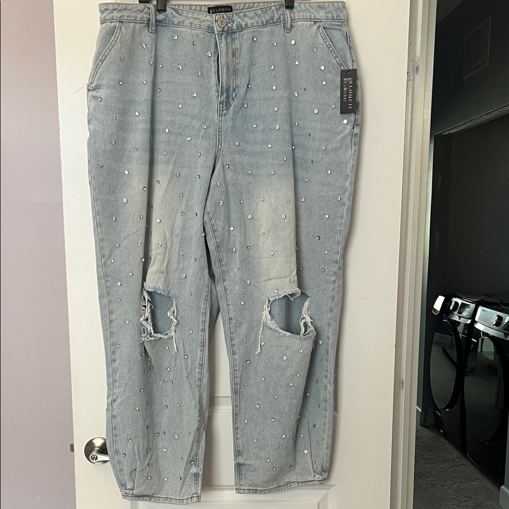 Eloquii Light Blue Distressed Jeans with Rhinestone Accents